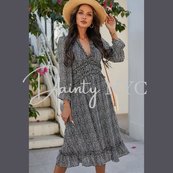 Boho Confetti Ruffle V Neck Bubble Sleeve Dress - Picture 7 of 10